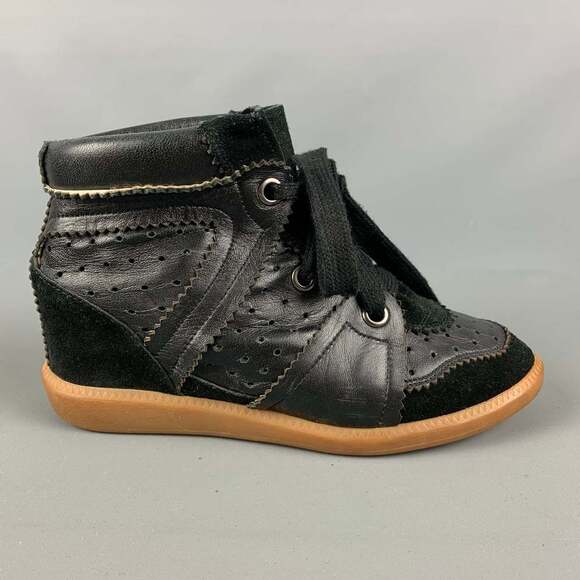 ISABEL MARANT Black Leather Perforated Wedge Sneakers - Picture 2 of 6